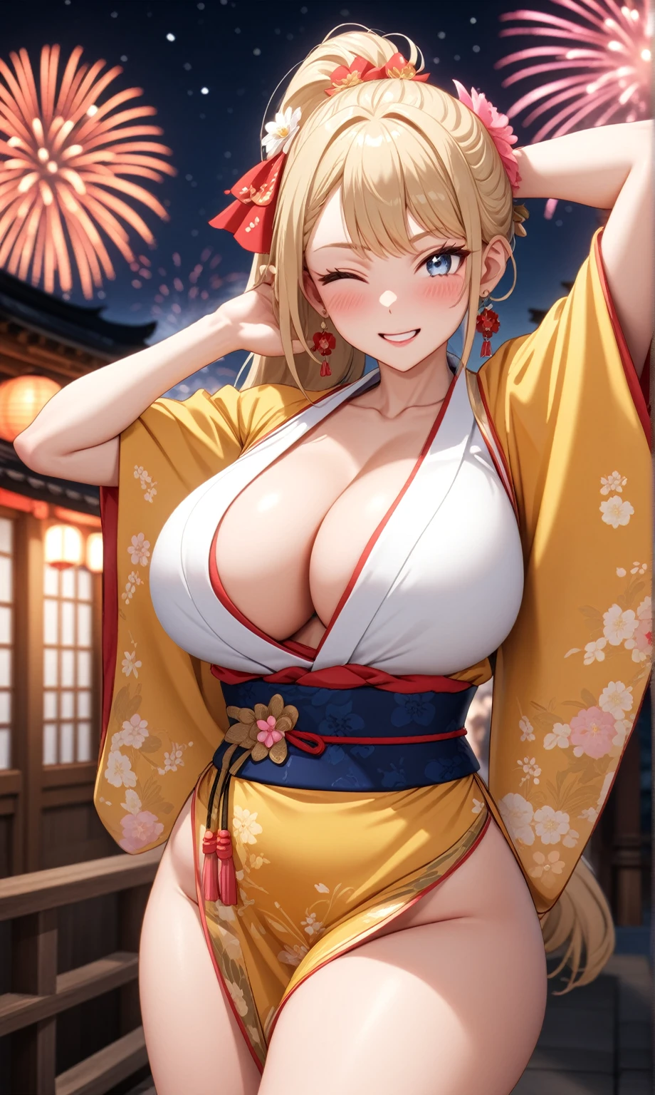 ((one personの女性)), Beautiful Face,Embarrassed and kind expression,Laugh embarrassedly,((Wink:1.8)),laugh with a big mouth,turn bright red,Glossy pink lips,night,Shrine festival sexpensives,firework, ((Anime style background)),masterpiece, highest quality, so beautiful, Latest, Complex details, (Pink long nails),AI-generated, Complex,High resolution, highest quality, super high quality,3D Images、View your viewers、3D Images,one person,Long Blonde Hair,High Ponytail,blue eyes,Anime woman posing for a photo, [[Fine grain、Colorful eyes、Shining Eyes:1.15]],(Squint your eyes:1.1),a hyperRealistic , hyperRealistic , Realistic,Blonde anime woman with long hair, Smooth anime CG art, A woman in a colorful kimono with gold embroidery, (Yellow kimono),Pink floral pattern,Long flower hair ornament,Big earrings,(Big Breasts:1.2),Mature Body,expensive,Big Ass,Fine details,Tight waist,Abdominal muscles,(Put your hands behind your head),Shooting from the side