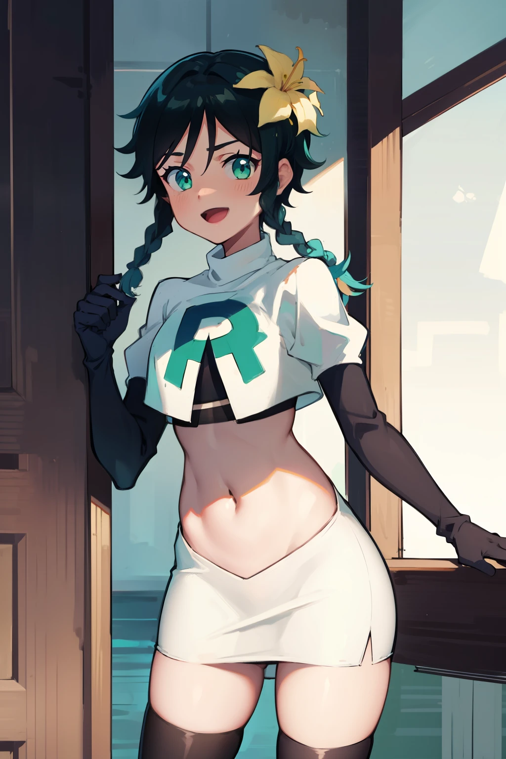 absurdres,venti,1boy, male focus, trap,black hair, green-blue hair, hair braid,hair flower,aqua green eyes,crossdressing,1boy,team rocket,team rocket uniform,white skirt,red letter R,crop top,black thigh-highs,black elbow gloves, cowboy shot,laughing,happy, blush