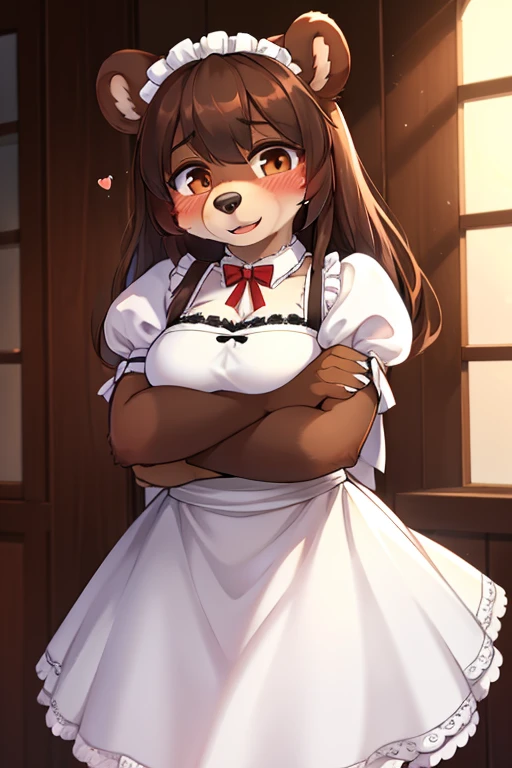 (((bear))), woman, ((furry)), with a all white maid dress, blushing, seeing to viewer, shy