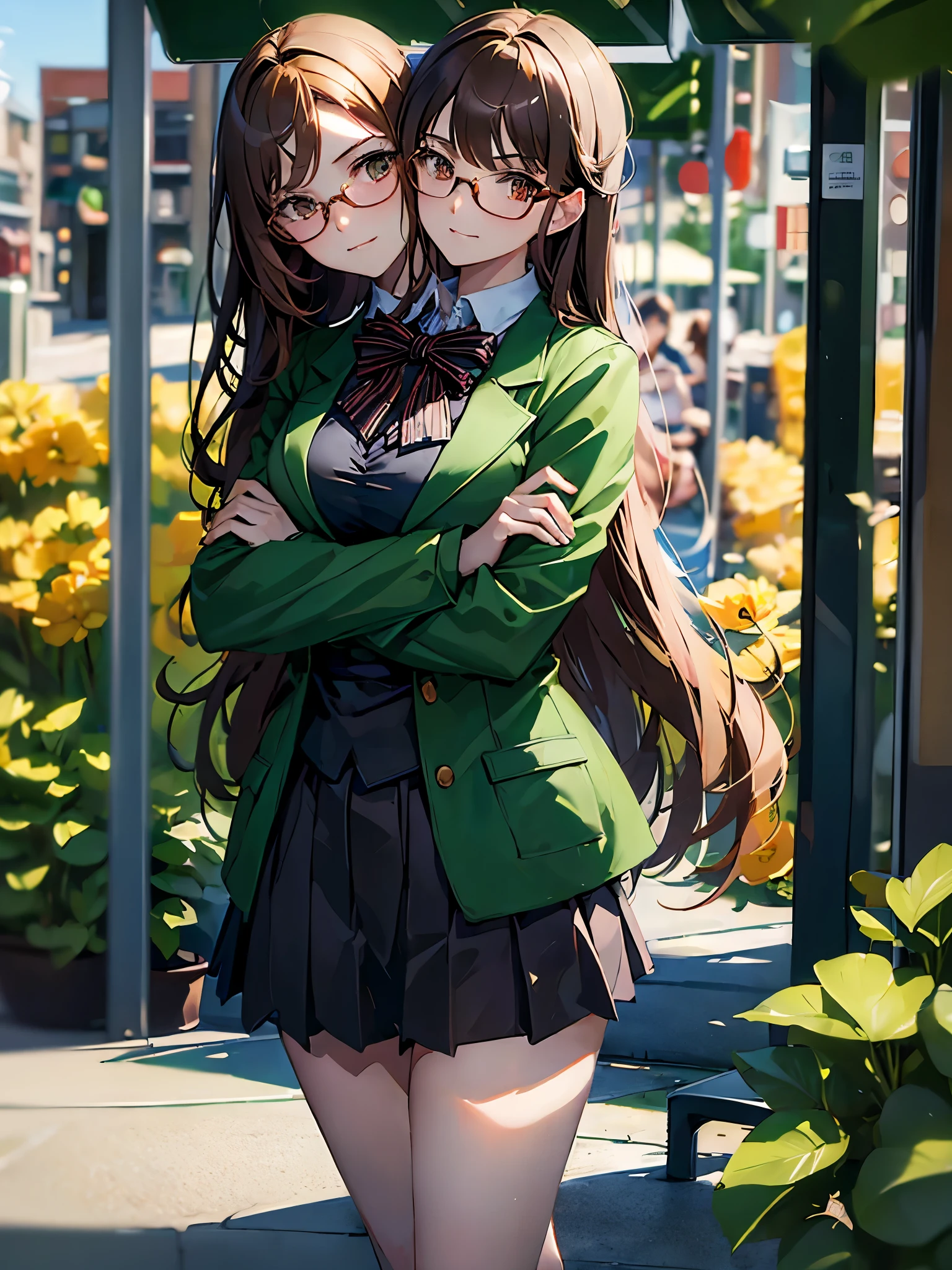 (masterpiece, best quality), best resolution, (2heads:1.5), 1girl, daria cosplay, bored, brown hair, glasses, green jacket, black skirt, arms crossed, suburban bus stop