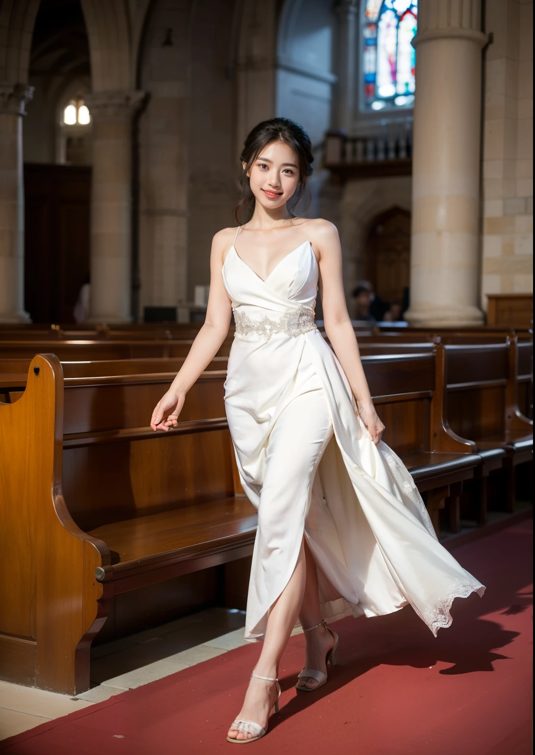 Beautiful 25 year old  skinny woman。She is wearing a summer wedding dress. She is walking and her legs crossed and one leg is visible. She is shying and smiling in the church. She is illuminated by sunset. the evening church lights is on . her black hair. High resolution、masterpiece、highest quality、頭w:1.0、((Hasselblad Photos))、fine skin、(movie lighting)、clavicle . full body picture.