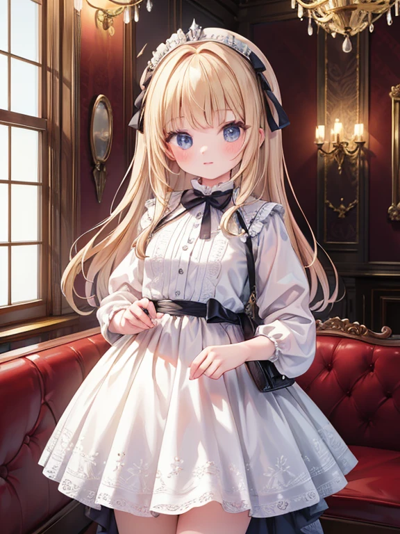 masterpiece, highest quality, Very detailed, 16k, Ultra-high resolution, Cowboy Shot, Detailed face, Perfect Fingers, 14-year-old girl, Luxurious Western-style building, Children's room, Table seating, Chair, sit, original outfit, bonnet, red dress,white pantyhosecup, black footwear