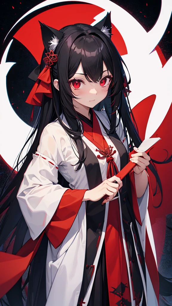 Highest quality I have long hair Black Hair Konpaku Youmu Red eyes I don't have anything vampire Odd Eye kind Miko costume Cat ear Embarrassed Background Black