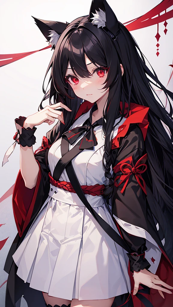 Highest quality　I have long hair　Black Hair　Konpaku Youmu　Red eyes　I don't have anything　vampire　Odd Eye　kind　Miko costume　Cat ear　Embarrassed　Background Black