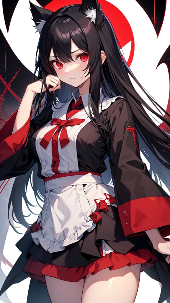 Highest quality I have long hair Black Hair Konpaku Youmu Red eyes I don't have anything vampire Odd Eye kind Miko costume Cat ear Embarrassed Background Black