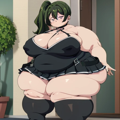 1girl, top heavy figure, (((incredibly big chest))), ((saggy chest)), plump, incredibly plump, ((big belly)), ((())), wide, (((obese))), (((fat))), ((love handles)), double chin, out of shape, obese, fatty, shortstack, short woman, big bossom, ((milf)), l height, mature, stanfull body, bbw, ssbbw, ubel,een hair, bangs,hair between eyes,side ponytail, purple eyes, black choker, collarbone, sleeveless, black dress,sleeveless dress, halterneck,pleated skirt, black gloves,belt,black footwear,
