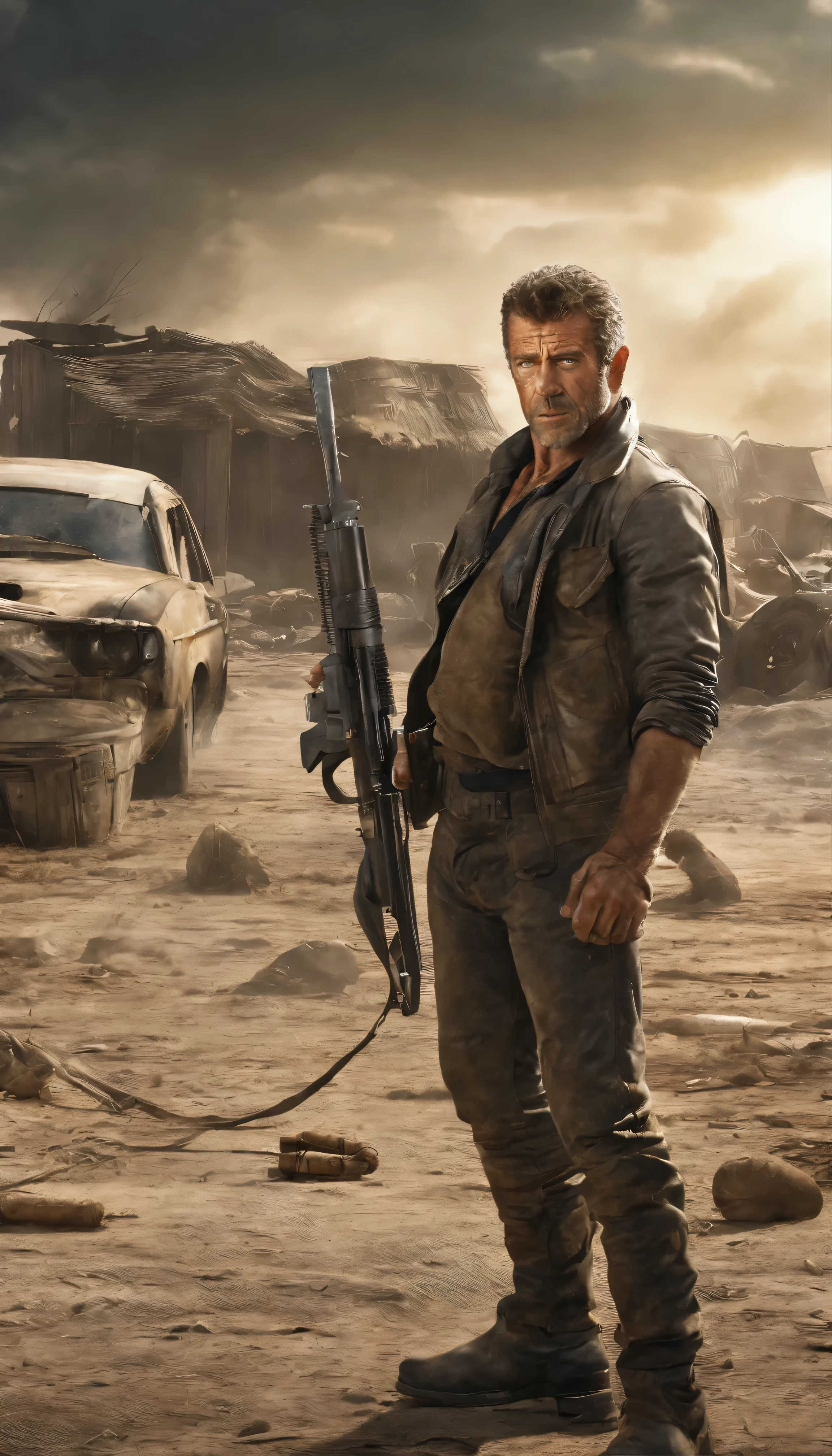 『Mad Max 2』In high definition video、As Max Rockatansky, the ruggedly handsome Mel Gibson dominates the frame with stoic intensity.、A fascinating scene from the movie unfolds。Armed with a menacing shotgun, he、Sulking in front of my weather-beaten car、The barrel of the weapon is pointed resolutely at an unseen enemy.。The contrast between the desolate wasteland and the muzzle flash of the gun、highlights the harshness of the post-apocalyptic world he inhabits、Creates a stark and dramatic tableau。Mel Gibson&#39;s face details，