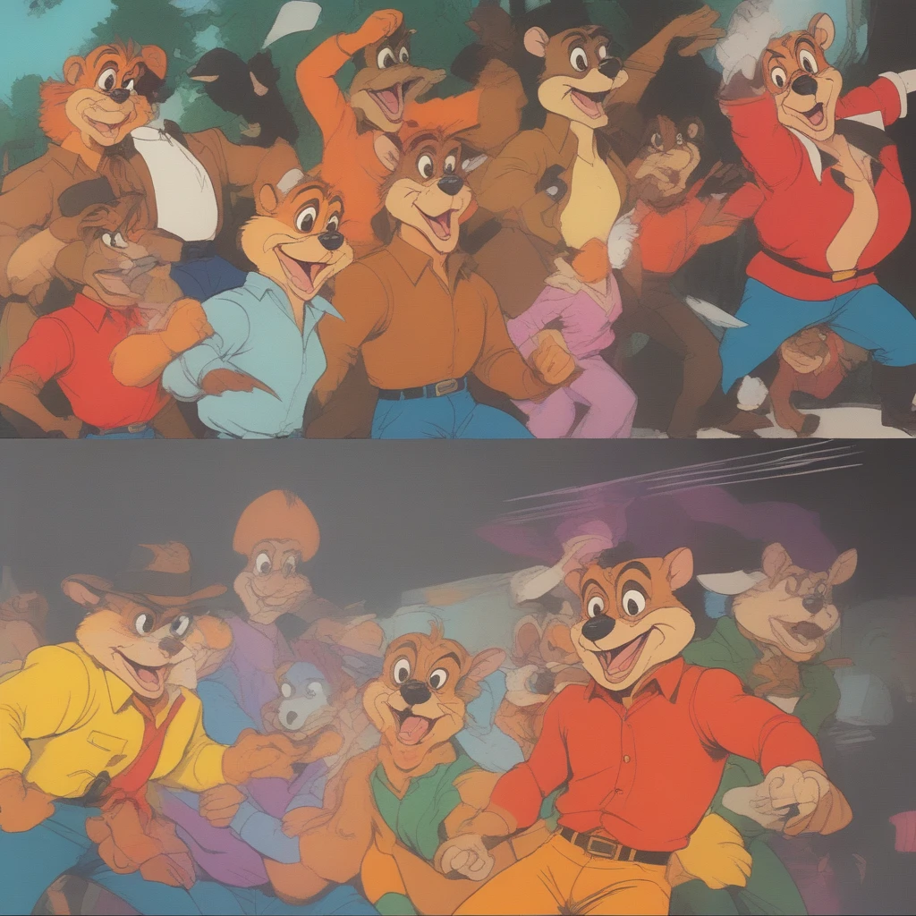 VHS, glitch, distorted, nostalgia, 90's retro vibes, analog tape, vcr aesthetics, tv, television, (Talespin 1990's cartoon homage), comic 1990's, animated tv show screengrab, Talespin cast dancing stanky boogie, cinematic poster, image within image, multiple exposure, massive scale, rich color grading for shading depth, hand drawn rotoscope cartoon realism, chiaroscuro lighting, mixed media, vintage comic, retro original design, 1990's comic, sense of movement energy, taking flight, tropical rot, rewilding, (full roygbiv color) ink charcoal expressive illustration, Talespin aesthetics