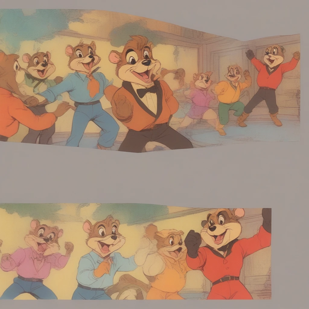 VHS, glitch, distorted, nostalgia, 90's retro vibes, analog tape, vcr aesthetics, tv, television, (Talespin 1990's cartoon homage), comic 1990's, animated tv show screengrab, Talespin cast dancing stanky boogie, cinematic poster, image within image, multiple exposure, massive scale, rich color grading for shading depth, hand drawn rotoscope cartoon realism, chiaroscuro lighting, mixed media, vintage comic, retro original design, 1990's comic, sense of movement energy, taking flight, tropical rot, rewilding, (full roygbiv color) ink charcoal expressive illustration, Talespin aesthetics
