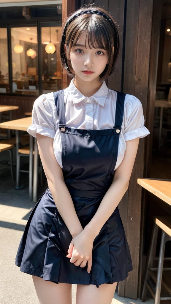 masterpiece, best quality, illustration, Super detailed, fine details, High resolution, 8K,wall paper, perfect dynamic composition,(Details High quality, realistic depiction of eyes:1.3), waitress uniform, restaurant, huge breasts, short bob hair、black hair color, Big Natural Color Lip, (perfect body shape), crying a little、cold gaze, Harajuku style、20 year old girl、cute type、ta、beautiful legs, focus on crotch, full body photo, gravure idol