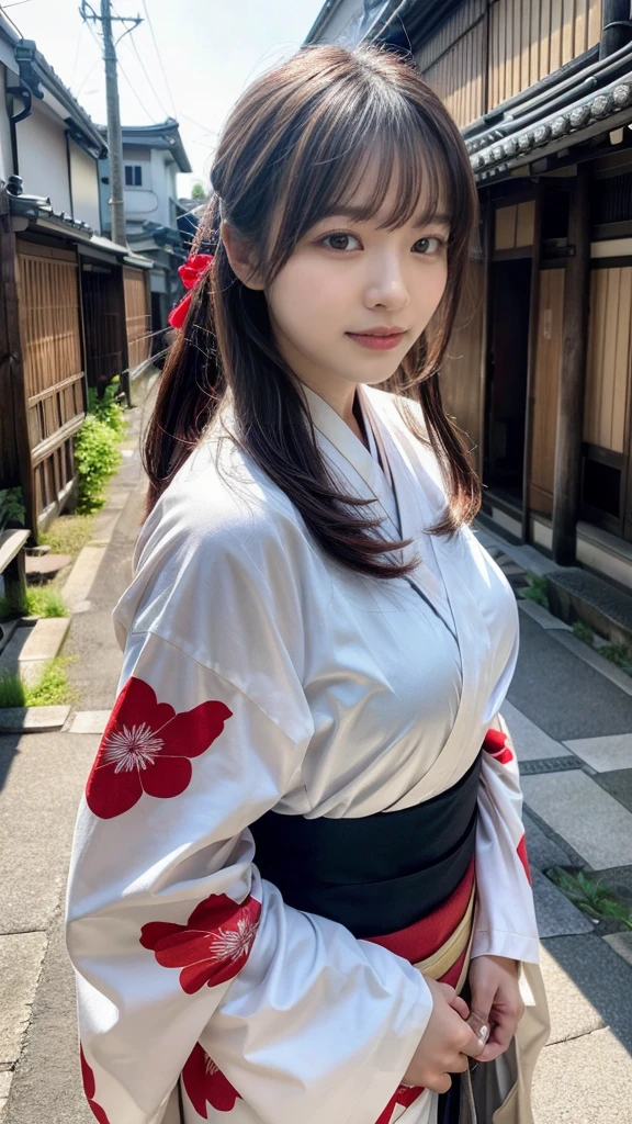 professional lighting,(Photoreal:1.4), (Top image quality:1.0), (超A high resolution:1.0), 8k, Raw photography, (masterpiece:0.2), (Pueros face_v1:0.5)、(highest quality Detail:1.2)、realistic、8k UHD、High resolution、(1 girl:1.2)、Super detailed、High quality textures、intricate details、detailed、Very detailed CG、High quality shadows、detailed Beautiful and delicate face、Beautiful details and delicate eyes、(symmetrical eyes:1.2),Depth of the bounds written、ray tracing,1 girl, japanese girl,cute, large breasts, Portrait of a beautiful Japanese woman wearing a kimono, Standing elegantly on a street corner in Kyoto. A kimono with bright traditional patterns, Hair decorated with an elegant and delicate hairpin, and a gentle expression. (Against the backdrop of the old streets of Kyoto:1.4)、soft light on a spring afternoon、adds tranquility to the scene. Rendered in a realistic style with great attention to detail, High resolution images.sky porn, magic hour, (realistic:1.3), finely, quality, (table top:1.2), (realistic:1.2), (highest quality), (Complex details), dramatic, ray tracing, photograph, +roller