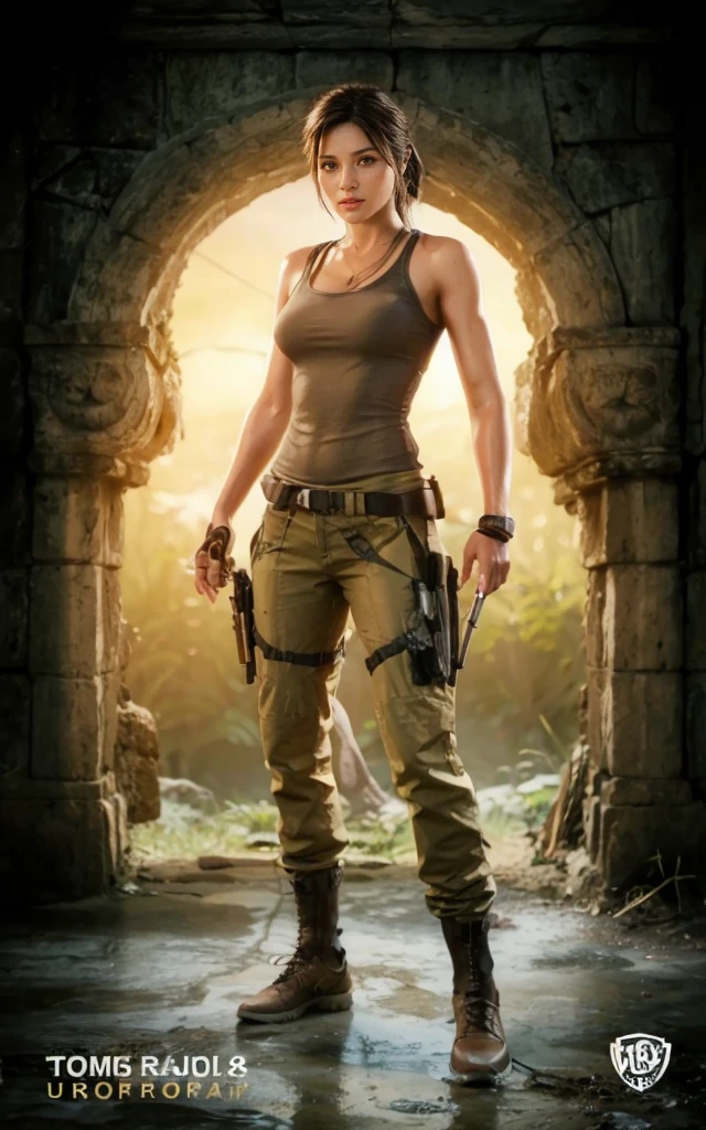 Lara Croft, brown eyes, (best quality, ultra-detailed), (realistic:1.37), beautiful and detailed face, ultra-realistic texture, delicate face, delicate body, red lipstick, bright colors. High definition, 8K