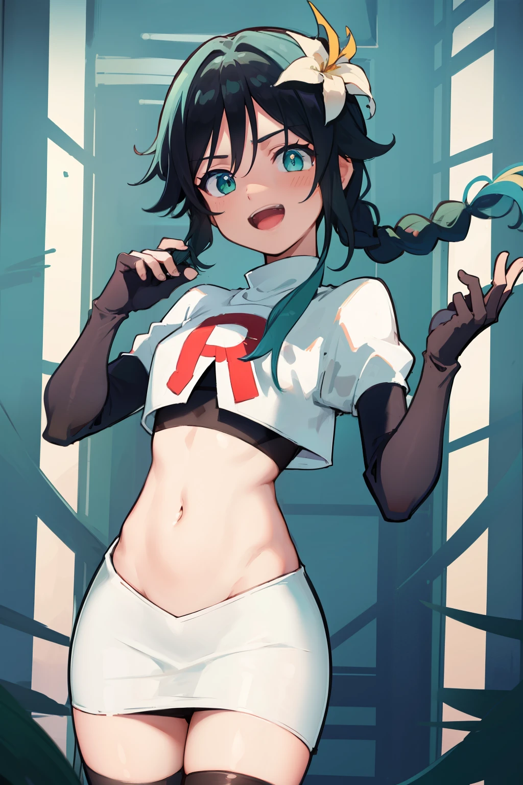 absurdres,venti,1boy, male focus, trap,black hair, green-blue hair, hair braid,hair flower,aqua green eyes,crossdressing,1boy,team rocket,team rocket uniform,white skirt,red letter R,crop top,black thigh-highs,black elbow gloves, cowboy shot,laughing,happy, blush