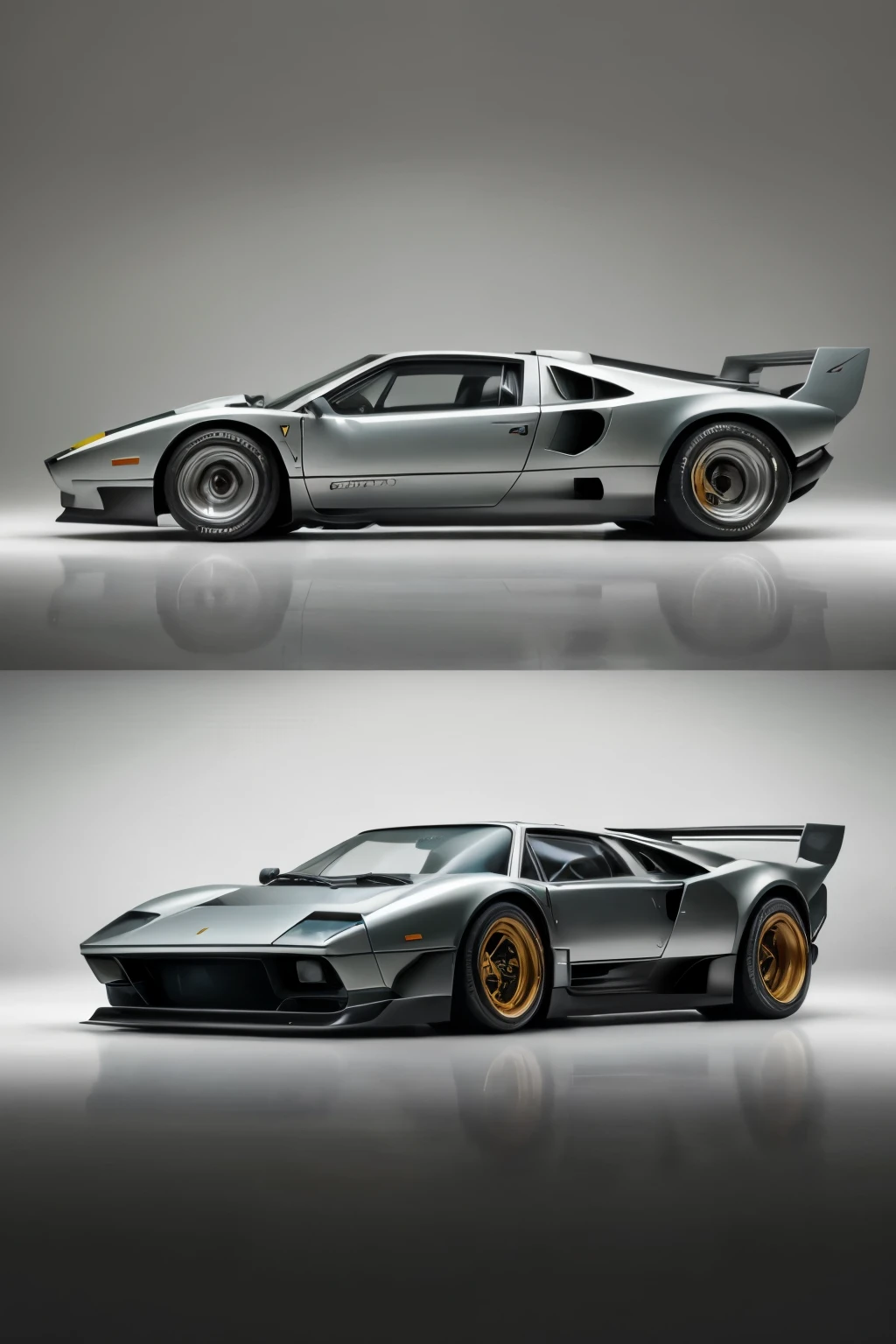 The artistry captures a mesmerizing blend of the Ferrari F-40 and Lamborghini Countach LP500s, resulting in an impeccable reimagination of a timeless design. The car's front view boasts a signature Ferrari grille and sleek headlights, with a Countach-inspired untamed silhouette, showcasing the car's potency and elegance.

As we transition to the side view, the car's iconic sharp lines and angular contours reminiscent of the Countach LP500s dominate, while the F-40's sleek curves subtly emerge, adding a sens