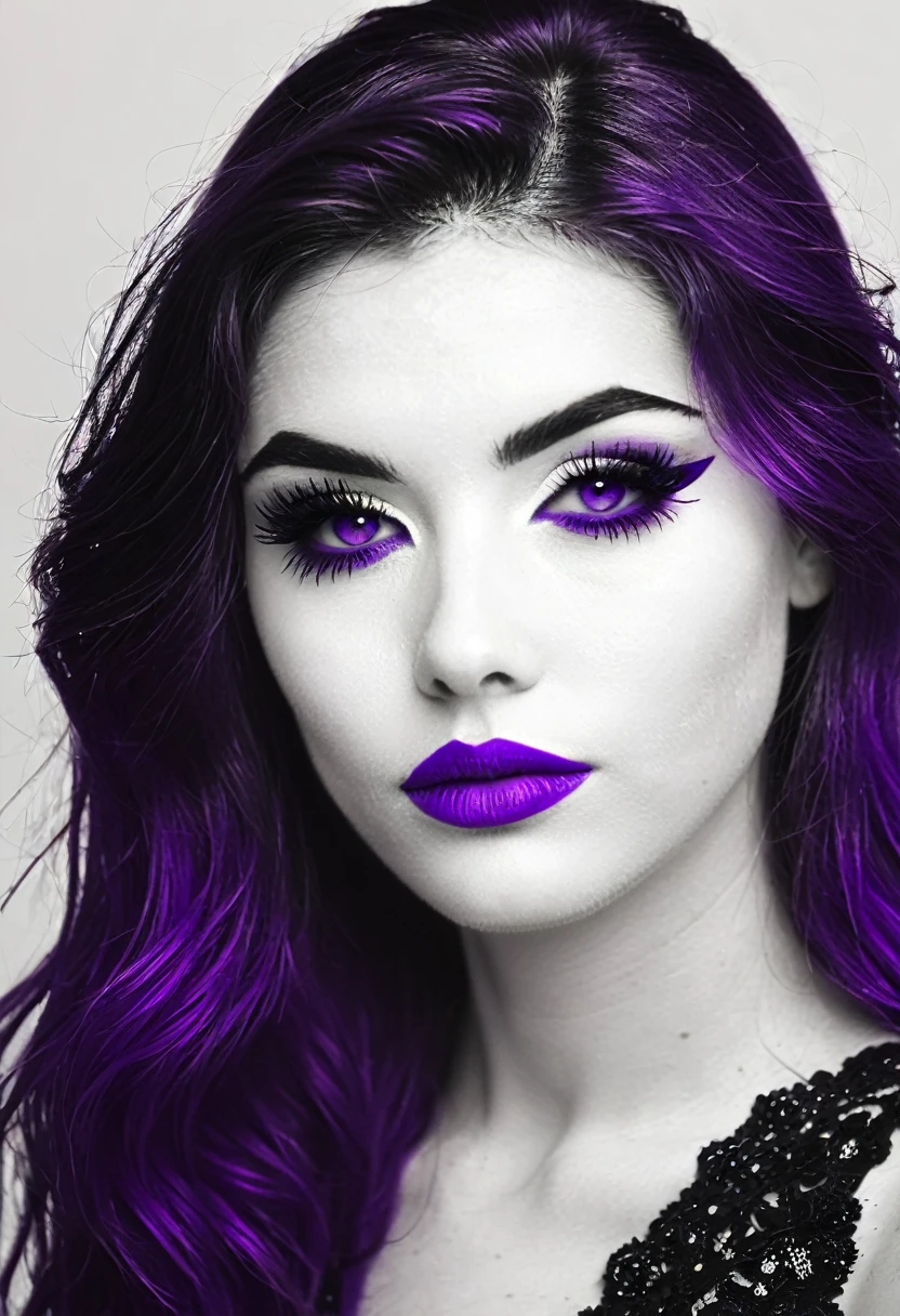 Very sexy girl, Detailed lips, detailed eyes, detailed eyelash, detailed face, cheveux violet, visage de séduction, ((violet make-up)), photo du milieu du corps, ((porter un costume)),(( Une cravate violette, photo noir et blanc et violet, only black and white and purple photo)), (((photo noir et blanc et violet, only black and white and purple photo, purple only on iris and make-up and hair, pale white skin)))