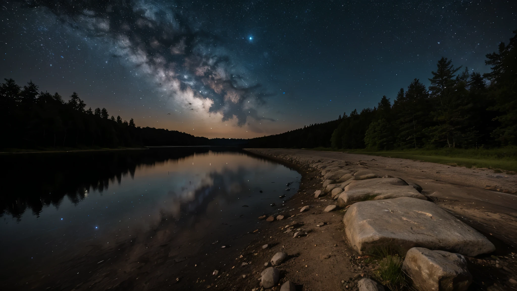 matsterpiece,8k,ultra detailed,high resolution,dark,(no light),(only natural light),pov skyscape,bright star,.midnight,natural,river,woods,at unexplored mountain,(unexplored:1.2),from ground view,