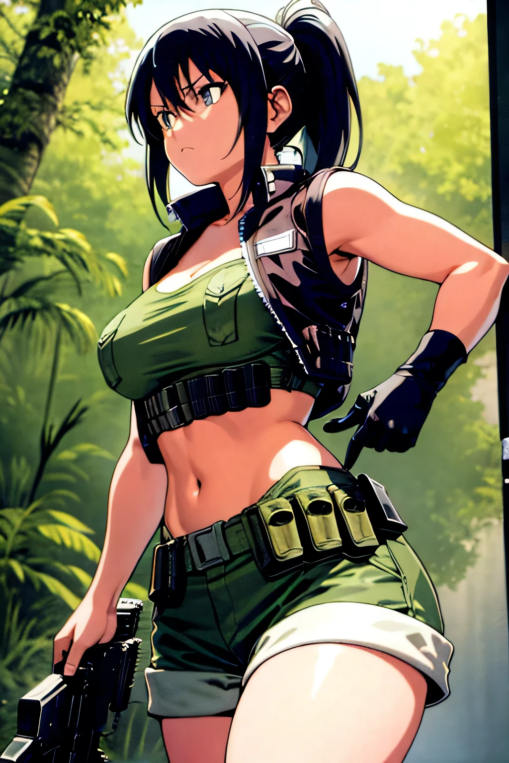 masterpiece, best quality, anime 1990s \(style\, leona heidern, naked chest, fully open vest, thong, panty ,jungle, army, pony tail, wet, serious, soldier, gloves, holding a machete.