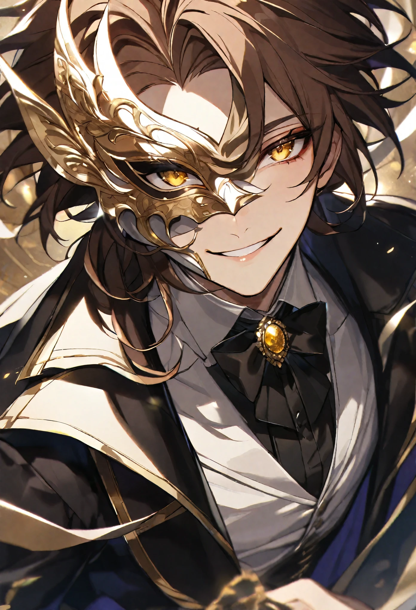 Solo, male, brown hair, yellow eyes, white half mask, smile facial, white shirt, black vest, black coat, masquerade