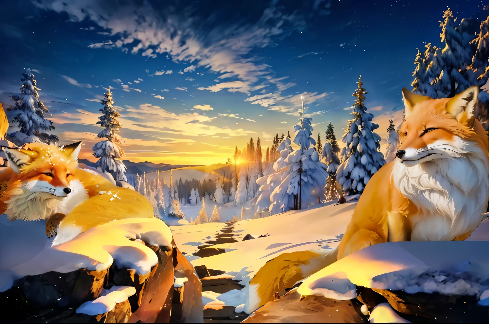 (masterpiece, highest quality, (Highly detailed CG synthesis 8k wallpaper), (highest quality), (Best illustrations), (Best Shadow),),( Snow Mountainの朝の映画のような日光、Bright and warm sun rays、Fresh shallow stream of clear blue color、 Snow Mountain,朝焼けに照らされるSnow Mountainの風景,Countless rocks covered in snow,Snowy white coniferous forest,The sun begins to rise over the horizon,Snow scenery shining in the morning sun,Snow-capped coniferous forest,),,,