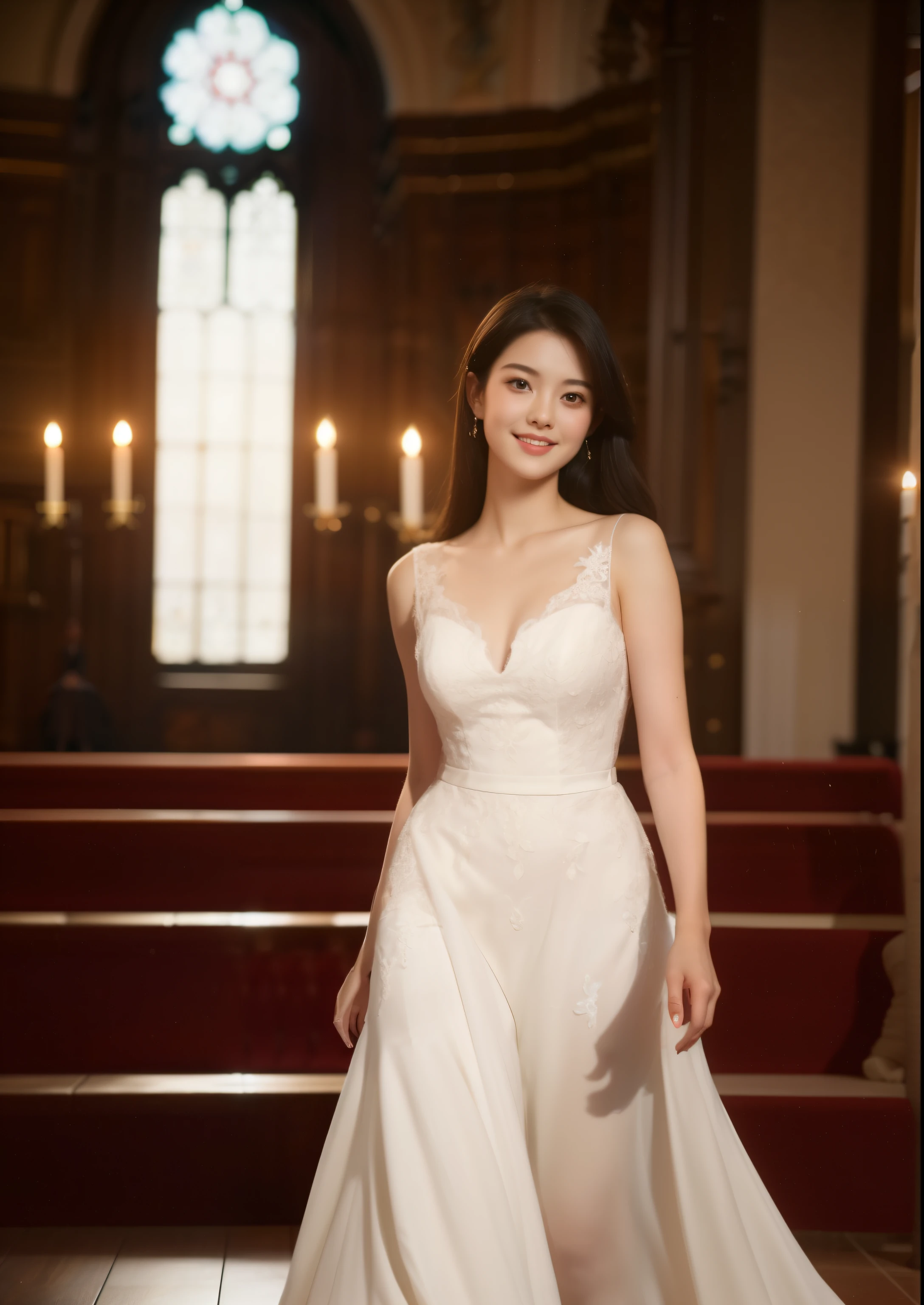 Beautiful 25 year old skinny woman。She is wearing a summer wedding dress. She is walking and her legs crossed and one leg is visible. She is shying and smiling in the church. She is illuminated by sunset. the evening church lights is on . her black hair. High resolution、masterpiece、highest quality、頭w:1.0、((Hasselblad Photos))、fine skin、(movie lighting)、clavicle . full body picture.