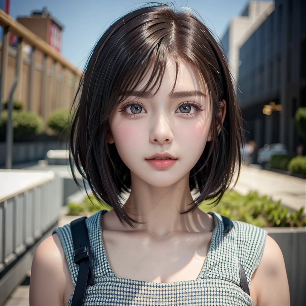 Very beautiful 15 year old girl,Big eyes,Short Hair,Short Bob Hair,View from the front,Realistic eyes,Detailed eyes,Detailed eyelashes,Beautiful nose,Fuller lips,Face close-up,Portrait,No background,