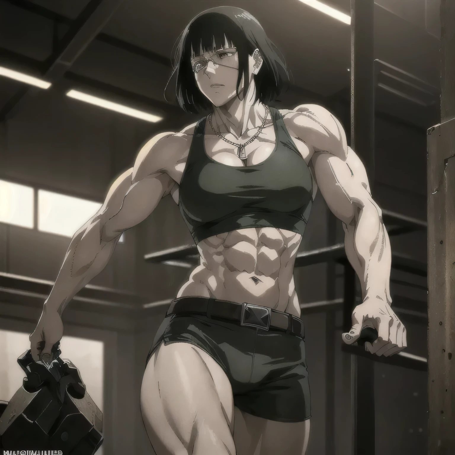 (best quality,ultra-detailed,realistic:1.37),musclaur badass girl with sculpted body with preview her musclaur body and six-pack, full review of the female character's face and body, intense expression, strong and confident posture, studio lighting, vivid colors, physiologically-based rendering, grungy texture, rugged background, dust particles in the air, commanding presence, professional, powerful, gritty aesthetics,,Valmet،short hair,necklace,clean muscles،wearing male underwear with belt and sport midriff tank top, tattoos on shoulders,clean clothes,