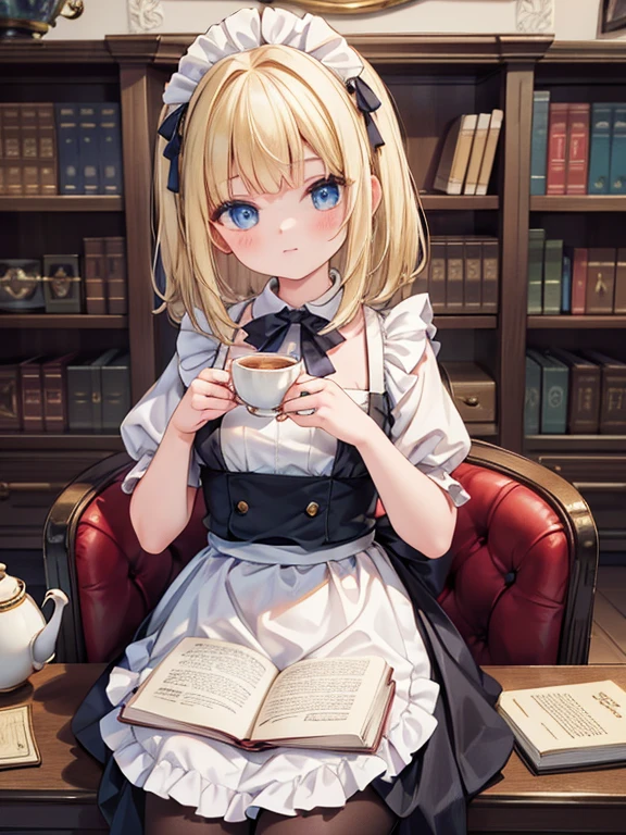 masterpiece, highest quality, Very detailed, 16k, Ultra-high resolution, Cowboy Shot, Detailed face, Perfect Fingers, , blue eyes, Blonde, Permed hair, Black maid outfit, Luxurious Western-style building, Bookshelf, Table seating, Chair, Tea making facilities, I read a book