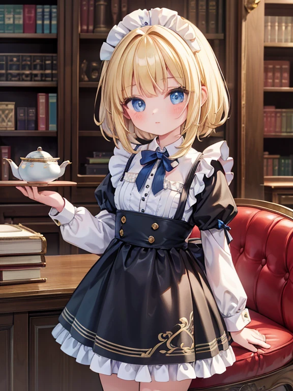 masterpiece, highest quality, Very detailed, 16k, Ultra-high resolution, Cowboy Shot, Detailed face, Perfect Fingers, 14-year-old girl, blue eyes, Blonde, Permed hair, Black maid outfit, Luxurious Western-style building, Bookshelf, Table seating, Chair, Tea making facilities, I read a book
