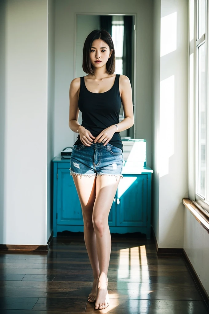 (highest quality:1.5), (Real:1.4), (Ultra high definition:1.4), (一人の20歳代のBig Breasts女性), (Plain tank top), (Shorts), barefoot, (タンクトップとShortsを着てAre standingBig Breastsの20歳代女性), (20歳代のBig Breasts女性がタンクトップとShortsを着ている), Apartment Room, Cowboy Shot, (Big Breasts女性が微笑む), (Soft front lighting), (Soft light from the front), (Big Breasts), (Are standing), (upright)