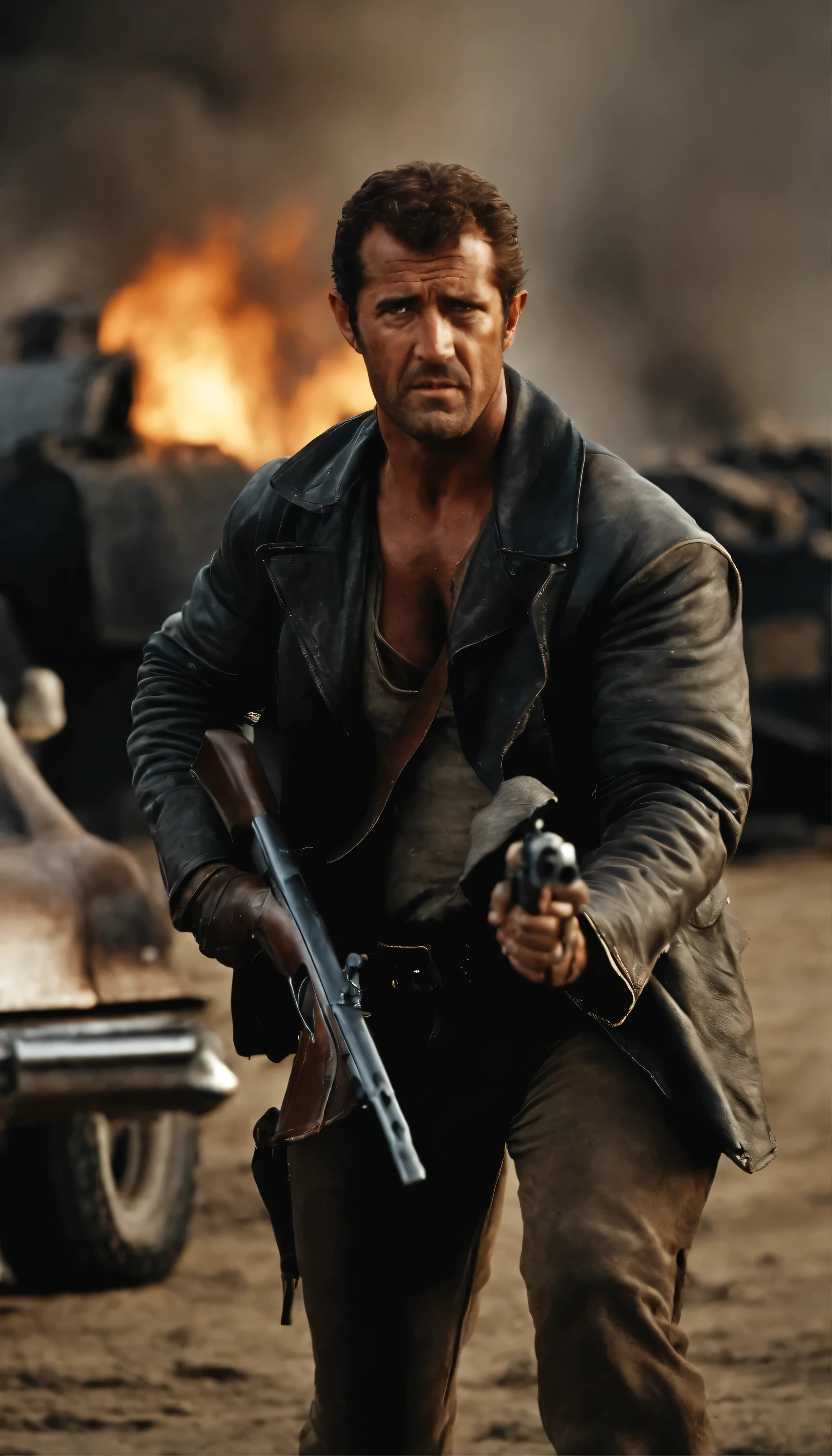 『Mad Max 2』In high definition video、As Max Rockatansky, the ruggedly handsome Mel Gibson dominates the frame with stoic intensity.、A fascinating scene from the movie unfolds。Armed with a menacing shotgun, he、Sulking in front of my weather-beaten car、The barrel of the weapon is pointed resolutely at an unseen enemy.。The contrast of the gun muzzle flash in the burning city、highlights the harshness of the post-apocalyptic world he inhabits、Creates a stark and dramatic tableau。