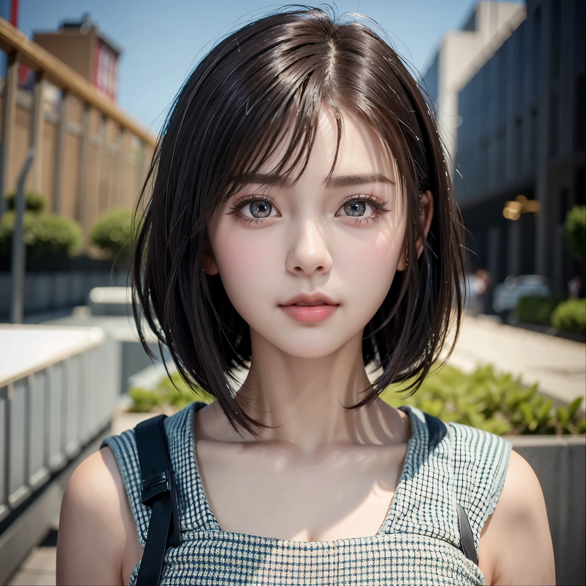 Very beautiful 15 year old girl,Big eyes,Short Hair,Short Bob Hair,View from the front,Realistic eyes,Detailed eyes,Detailed eyelashes,Beautiful nose,Fuller lips,Face close-up,Portrait,No background,