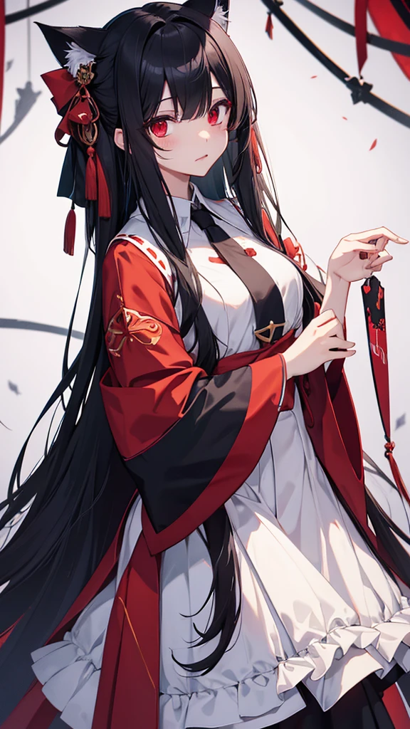 Highest quality　I have long hair　Black Hair　Konpaku Youmu　Red eyes　I don't have anything　vampire　Odd Eye　kind　Miko costume　Cat ear　Embarrassed　Background Black
