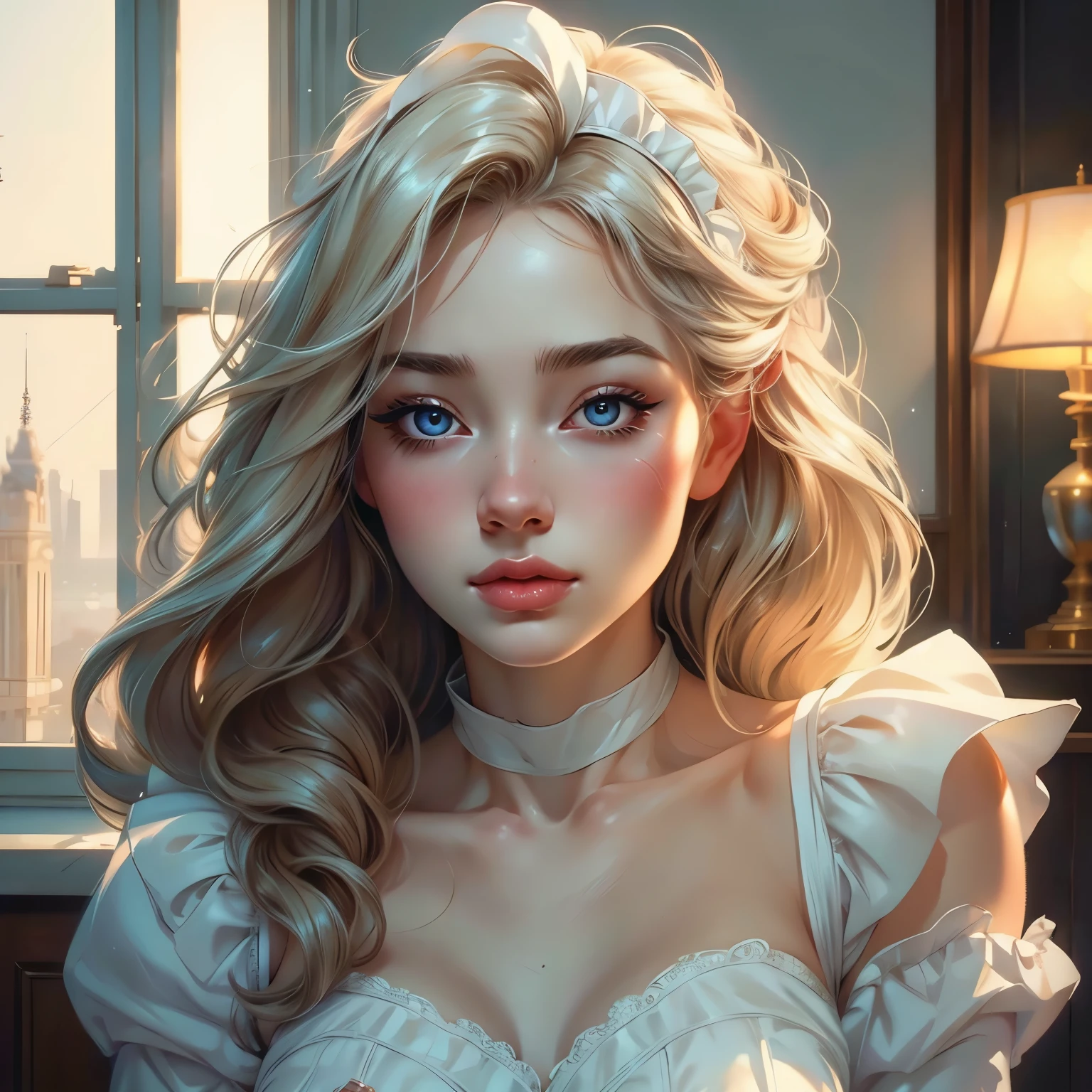 Beautiful girl in a semi-transparent maid outfit、Very beautiful girl、Classy maid、Delicate facial features、gorgeous eyes、Long eyelashes、Small Nose、Thick lips、White skin、long flowing hair、Graceful pose、Cinematic lighting、Soft pastel colors、Graceful and calm、(highest quality、4k、8k、High resolution、masterpiece:1.2)、Super detailed、(Real、Photorealistic、Photorealistic:1.37)