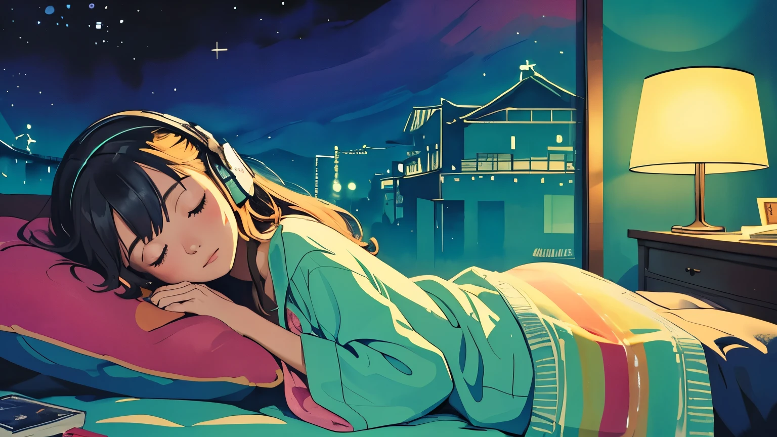 ((highest quality)), ((masterpiece)), (detailed), Perfect Face, European hippie girl sleeping comfortably in pajamas on the bed in her room, dream, Please wear headphones, , Night Light, Neon Landscape, Analog Color Theme, Lo-fi Hip Hop , retrospective exhibition, flat, 2.5D ,Draw a line, Ink Painting, Osaka Road, Watercolor, Gouache color, Studio Ghibli style, Very colorful, Outerton, Krautlock, Lofi Art, 70s style,Old Texture, amplitude,Psychedelic atmosphere, masterpiece, Technology of Wonders, Sleep induction, relax,
