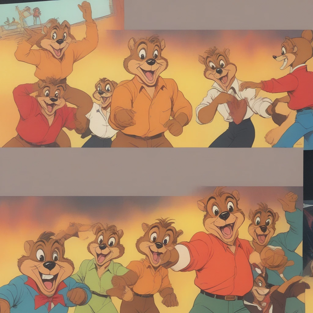 VHS, glitch, distorted, nostalgia, 90's retro vibes, analog tape, vcr aesthetics, tv, television, (Talespin 1990's cartoon homage), comic 1990's, animated tv show screengrab, Talespin cast dancing stanky boogie, cinematic poster, image within image, multiple exposure, massive scale, rich color grading for shading depth, hand drawn rotoscope cartoon realism, chiaroscuro lighting, mixed media, vintage comic, retro original design, 1990's comic, sense of movement energy, taking flight, tropical rot, rewilding, (full roygbiv color) ink charcoal expressive illustration, Talespin aesthetics
