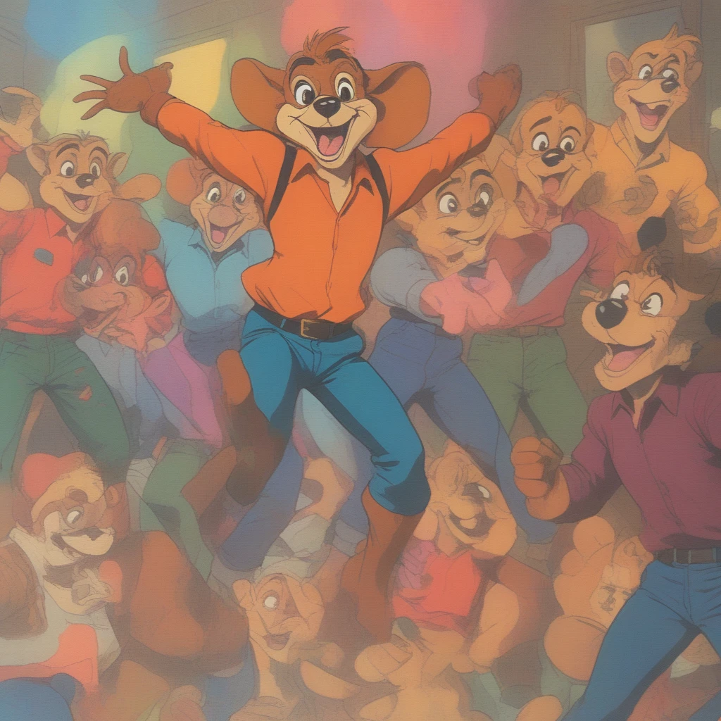 VHS, glitch, distorted, nostalgia, 90's retro vibes, analog tape, vcr aesthetics, tv, television, (Talespin 1990's cartoon homage), comic 1990's, animated tv show screengrab, Talespin cast dancing stanky boogie, cinematic poster, image within image, multiple exposure, massive scale, rich color grading for shading depth, hand drawn rotoscope cartoon realism, chiaroscuro lighting, mixed media, vintage comic, retro original design, 1990's comic, sense of movement energy, taking flight, tropical rot, rewilding, (full roygbiv color) ink charcoal expressive illustration, Talespin aesthetics
