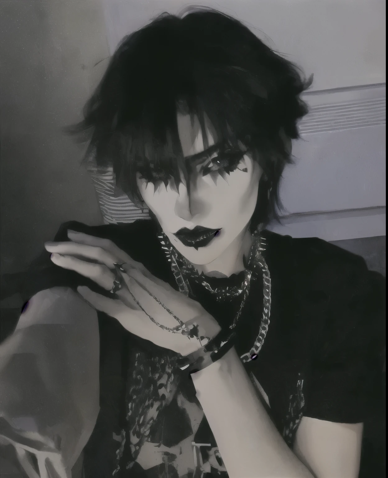 arafed male with black makeup and a black shirt is sitting down, darkwave goth aesthetic, goth aesthetic, androgynous vampire, goth girl aesthetic, wearing goth makeup, gothic horror vibes, 1 7 - year - old goth girl, androgyny, pale goth beauty, goth makeup, goth vibe, goth style, 1 7 - year - old anime goth girl