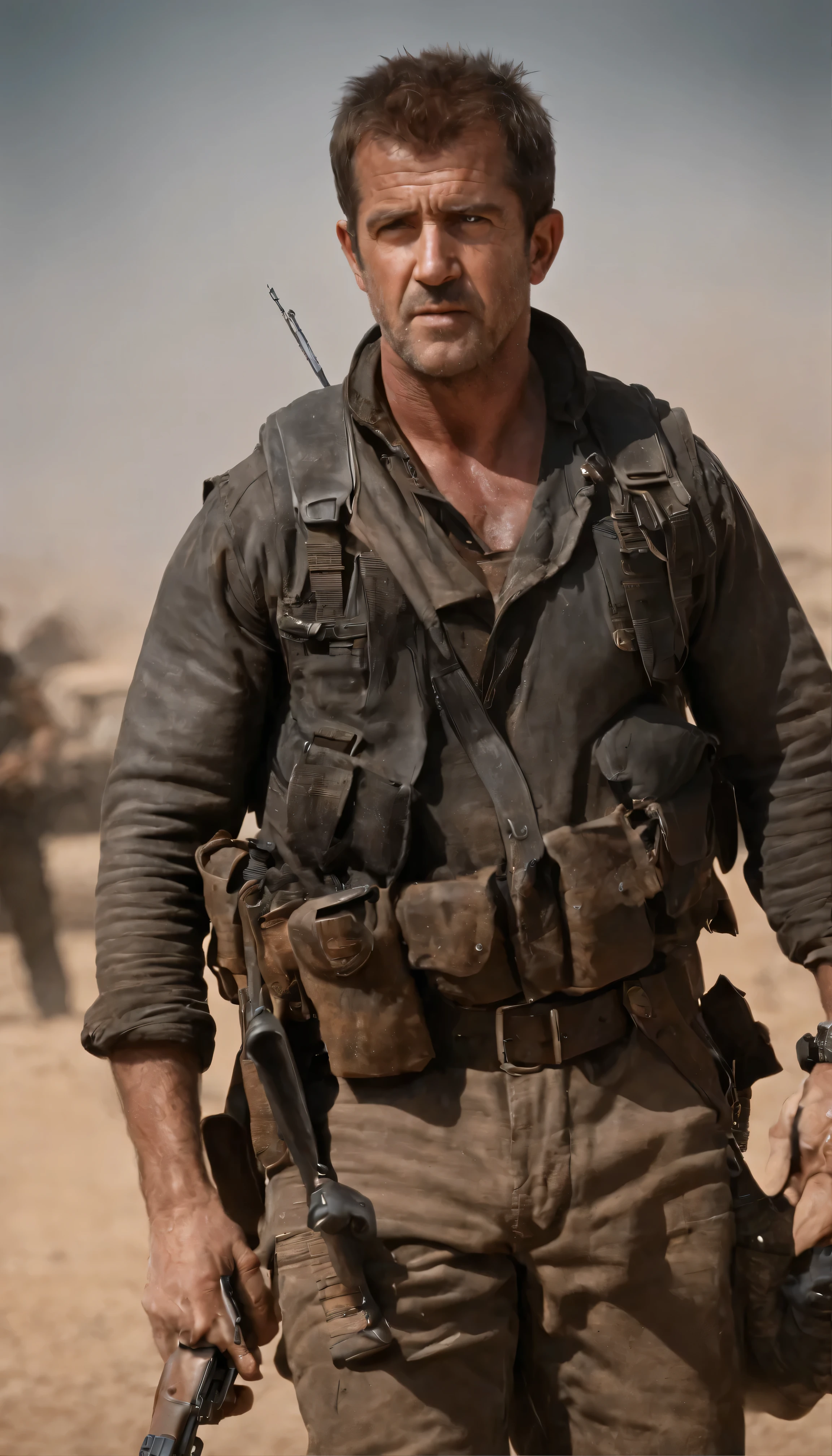 『Mad Max 2』In high definition video、As Max Rockatansky, the ruggedly handsome Mel Gibson dominates the frame with stoic intensity.、A fascinating scene from the movie unfolds。Armed with a menacing shotgun, he、Sulking in front of my weather-beaten car、The barrel of the weapon is pointed resolutely at an unseen enemy.。The contrast between the desolate wasteland and the muzzle flash of the gun、highlights the harshness of the post-apocalyptic world he inhabits、Creates a stark and dramatic tableau。Mel Gibson's face details,Full body high quality images