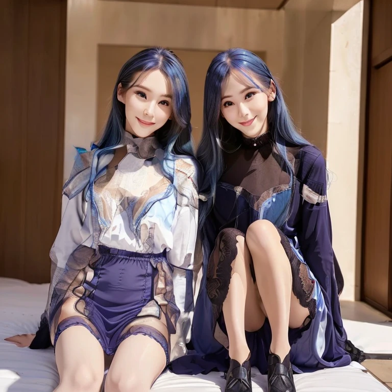 twins, (wearing pantyhose,realistic pantyhose)、wearing white panty,  (slender line:1.3)、(wearing oversized long sleeve dress)、thighs, 24 year old female,  Height: 160cm,(detailed background:1.2), Outdoor,brake,( (1person has blown hair, another 1 has sky blue hair):1.3)