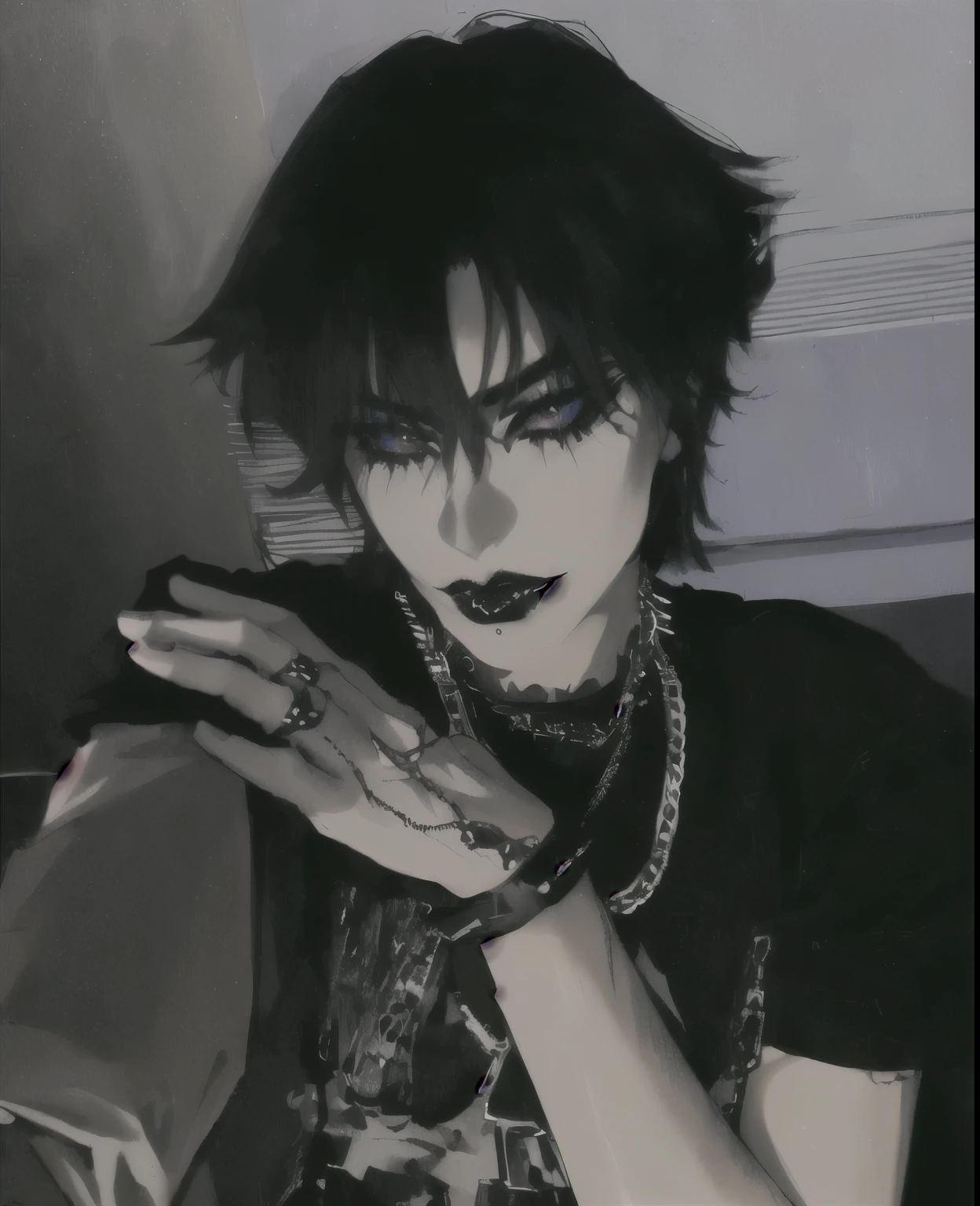 arafed male with black makeup and a black shirt is sitting down, darkwave goth aesthetic, goth aesthetic, androgynous vampire, goth girl aesthetic, wearing goth makeup, gothic horror vibes, 1 7 - year - old goth girl, androgyny, pale goth beauty, goth makeup, goth vibe, goth style, 1 7 - year - old anime goth girl