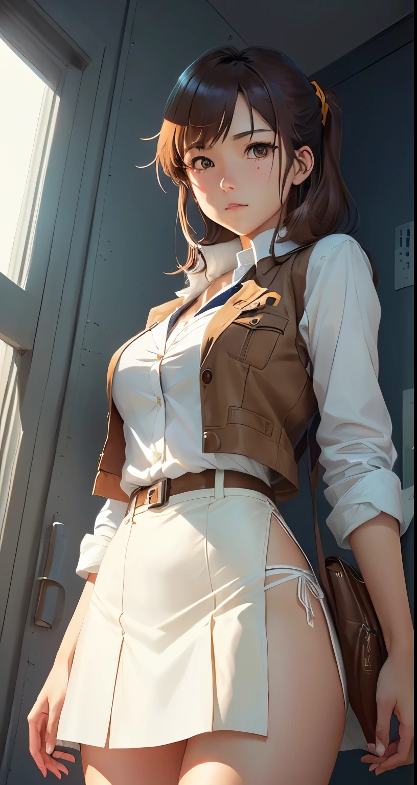 A western-style girl wearing a white shirt, brown skirt and brown vest,  （Female Space Detective Annie：1.6）、Naomi Morinaga、High Kick、White panties、Beautiful panties、Digital Rendering, a Surreal , Surreal , Makoto Shinkai and artgerm, Smooth anime CG art, Makoto Shinkai. High detail, Painted in an anime artist&#39;s studio, Makoto Shinkai ( Apex Legends ), Very detailed fan art