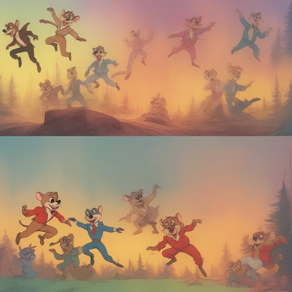 VHS, glitch, distorted, nostalgia, 90's retro vibes, analog tape, vcr aesthetics, tv, television, (Talespin 1990's cartoon homage), comic 1990's, animated tv show screengrab, Talespin cast dancing stanky boogie, cinematic poster, image within image, multiple exposure, massive scale, rich color grading for shading depth, hand drawn rotoscope cartoon realism, chiaroscuro lighting, mixed media, vintage comic, retro original design, 1990's comic, sense of movement energy, taking flight, tropical rot, rewilding, (full roygbiv color) ink charcoal expressive illustration, Talespin aesthetics