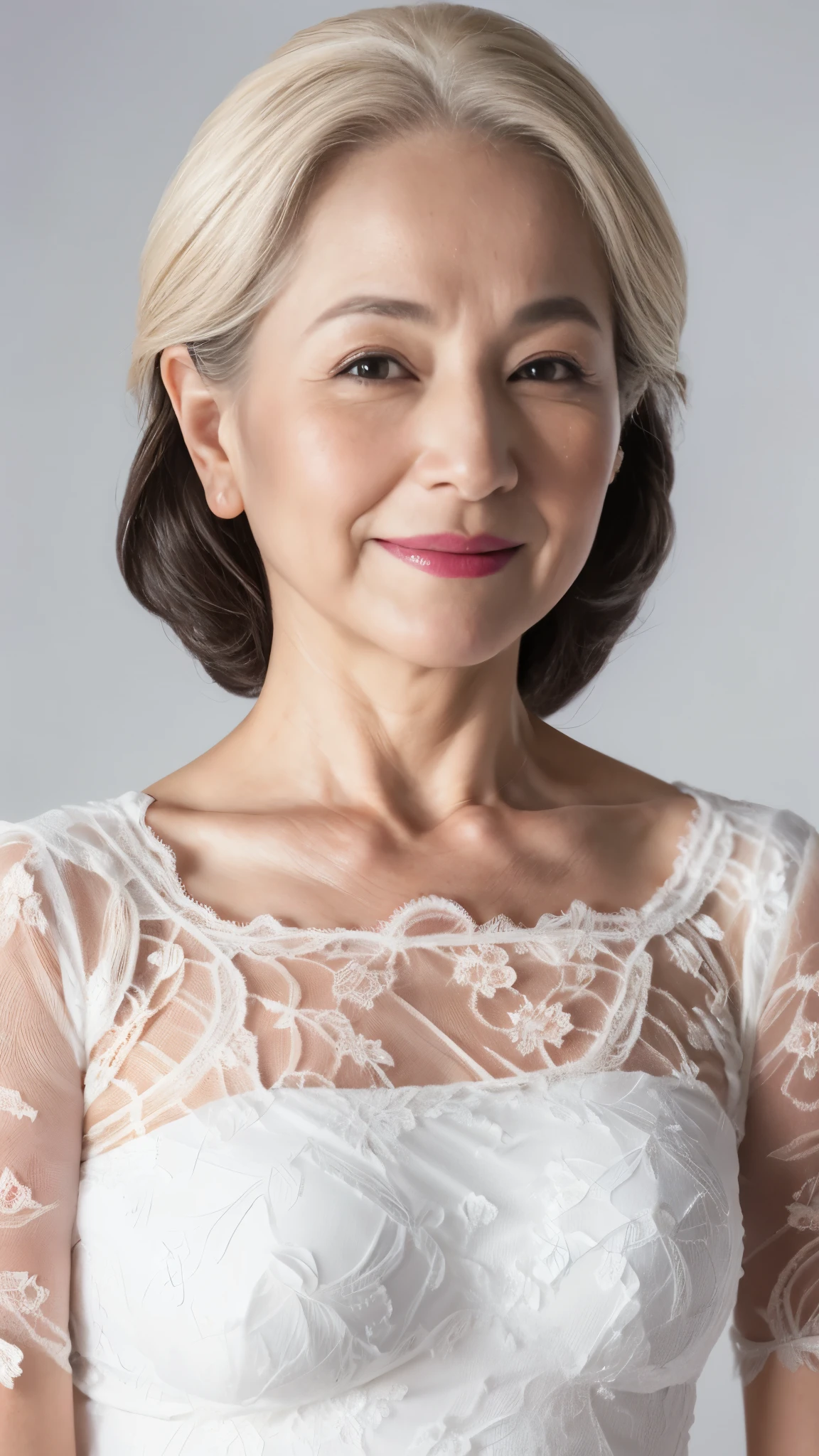 Mid-range close-up, Late Elderly, ((Fractal Art)), (((masterpiece))), 8k, Clear images, (((alone))), (((Asian Beauty))), Pure white background, Gray Hair, Hands behind back, Refreshing early summer outfit, Alluring, ((Elderly)), Depict lips accurately,Red lips, Flashy makeup, (((alone))), (((Perfect Anatomy))), Depicting ears correctly, Pure white background, gravure, Upright posture, smile, ((Beautiful mature woman)), highest quality, Very detailed, Realistic, Very detailed細なスキン, (Madame), (The corners of the mouth are turned up), 100 years old, Huge breasts, Mature Politician, Glamour, sexy, Pure white skin, Comfortable clothing,