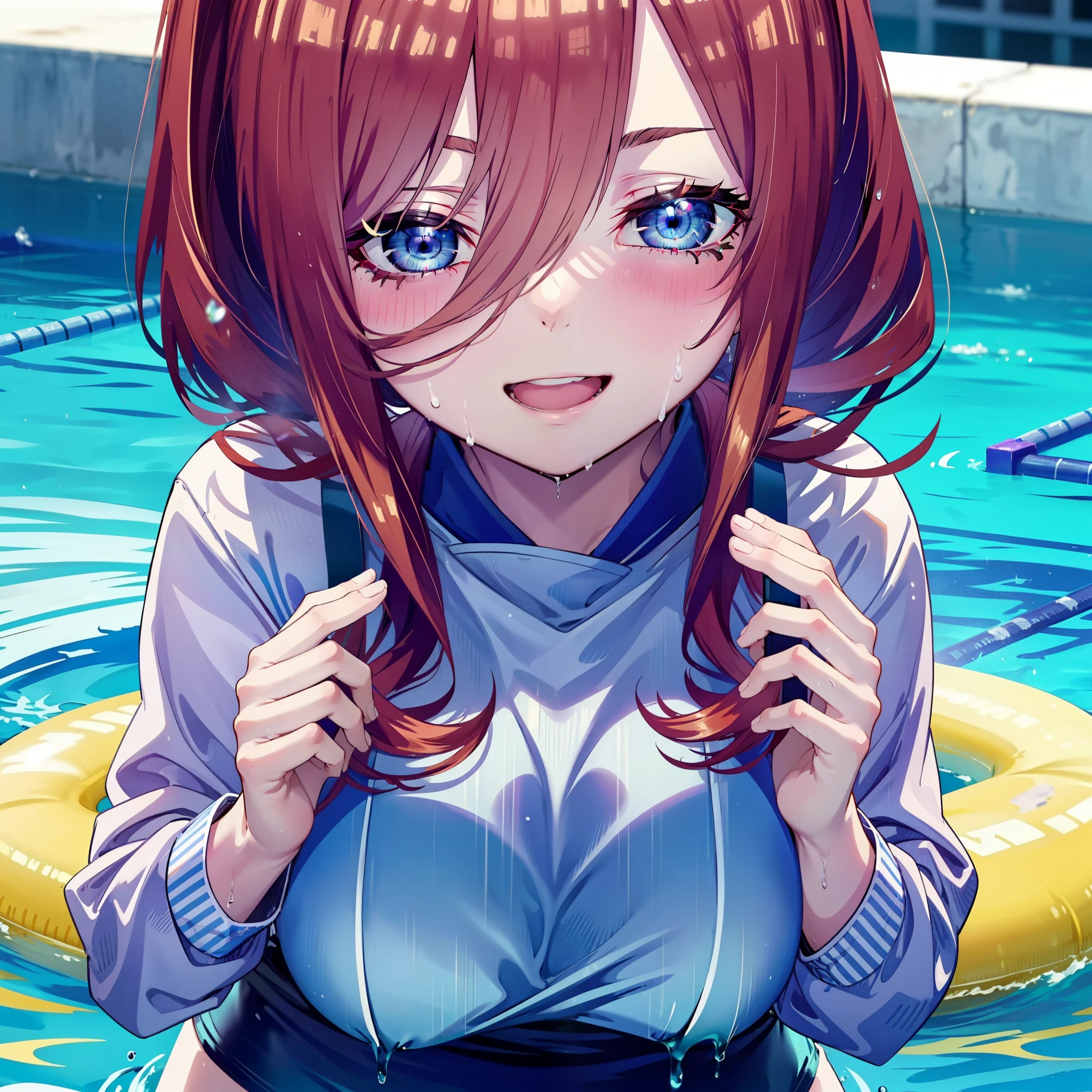 Mikunakano, Miku Nakano, Long Hair, bangs, blue eyes, Brown Hair, shirt, Hair between the eyes,ponytail, smile, happy smile, smile, Open your mouth,Big Breasts,smile,Wet swimsuit,Wet Hair,Wet Skin,whole bodyがイラストに入るように,School Swimsuit,School Swimsuitを着た群衆,student,Clear skies,Daytime,
break outdoors ,School,Outdoor swimming pool,
break looking at viewer, whole body,(Cowboy Shot:1. 5) ,
break (masterpiece:1.2), highest quality, High resolution, unity 8k wallpaper, (shape:0.8), (Beautiful details:1.6), Highly detailed face, Perfect lighting, Highly detailed CG, (Perfect hands, Perfect Anatomy),