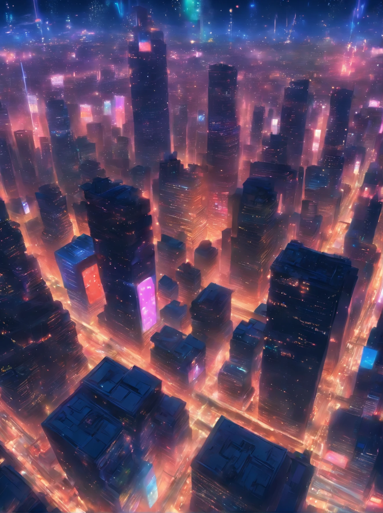 a painting of a city with lots of lights floating over it, glowing lights! digital painting, epic concept art. bokeh, glowing lights!! intricate, magical lights, . ethereal lights, floating lights, nightlight study, glowing lights!! highly detailed, inspired by Andreas Rocha, blurry and dreamy illustration, night lights, beautiful glowing lights, magic lights