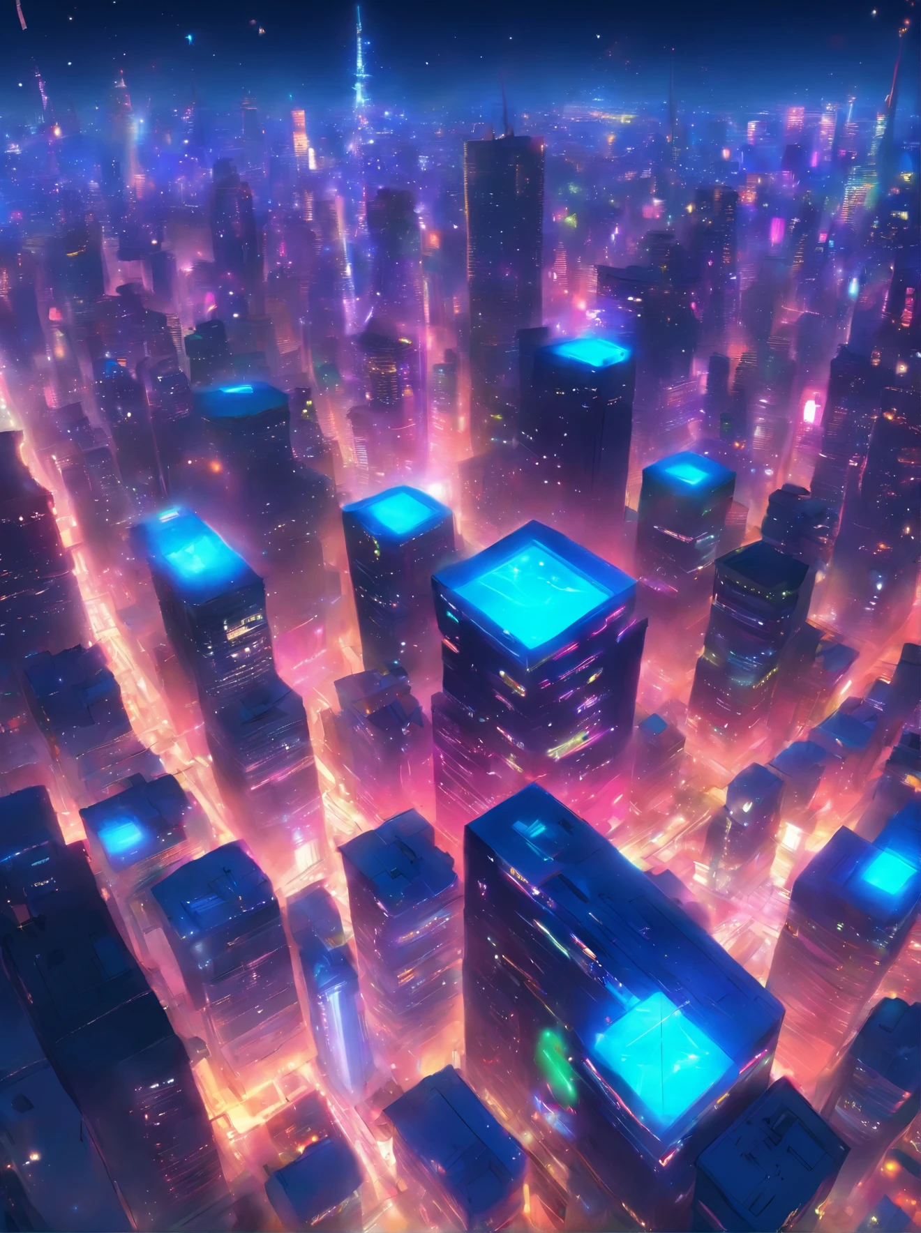 a painting of a city with lots of lights floating over it, concept art inspired by Andreas Rocha, Artstation, conceptual art, glowing lights! digital painting, epic concept art. bokeh, magical lights, glowing lights!! intricate, . ethereal lights, floating lights, nightlight study, glowing lights!! highly detailed, blurry and dreamy illustration, night lights