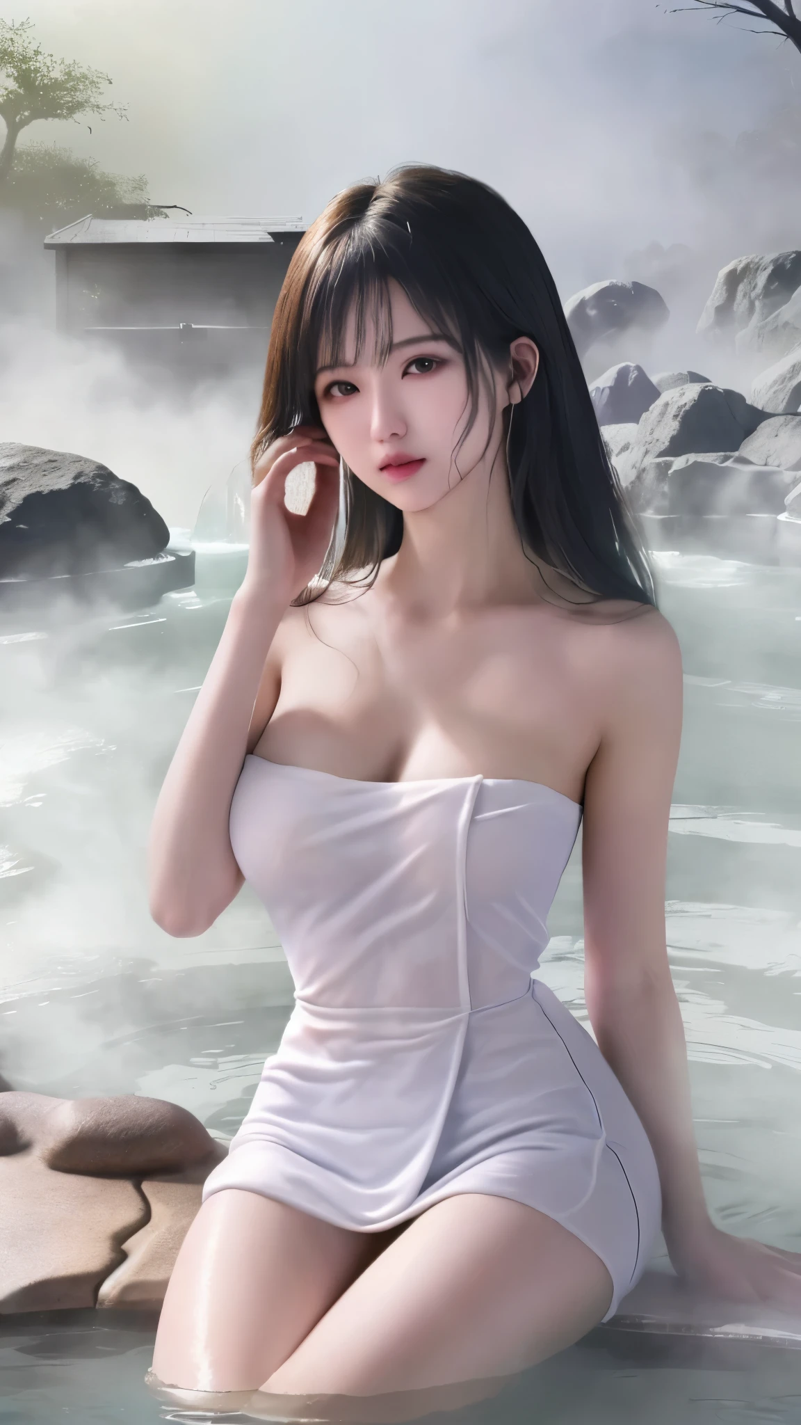 最high quality、high quality、Best image quality、8k、最High resolution、High resolution、最high quality、masterpiece、Detailed and realistic human body、Detailed and realistic skin、Realistic face in every detail、Realistic reproduction of every detail、Detailed and realistic lips、Detailed and realistic teeth、Detailed and realistic ears、Detailed and realistic hair、Detailed and realistic weapons、Realistic reproduction of every detail、Realistic fingers in every detail、(Beautiful Hands、thumb1reference4)、Realistic feet down to the last detail、((Beautiful Japanese Girl))、(Japanese Model), (Japanese women)、((18 year old beautiful girl))、(Black Hair)、(Random hairstyle)、((whole body))、((Upward beautiful breasts))、(Slim Style、Slim fit)、(whole body光沢肌、Fair skin)、((小さな白いSee-through towelが体に巻かれています.))、((See-through towel(濡れたSee-through towelを通して彼女の肌が見える))、(Soft natural light)、((Deep in the forest(Natural hot springs gush out))、((Hot springs surrounded by rocks))、((deep bathtub(deep hot spring))、((Onsen Girls))、((Enter the hot spring))、((A woman warming herself in a hot spring))、((Relax in the hot springs))、((Soak in hot water))、((腰までSoak in hot water))、(((Sit in hot water)))、(((Waist-deep in water)))、((A lot of steam rises from the hot spring...))、((Extremely clear hot spring water))、((The main body seen from the water surface))