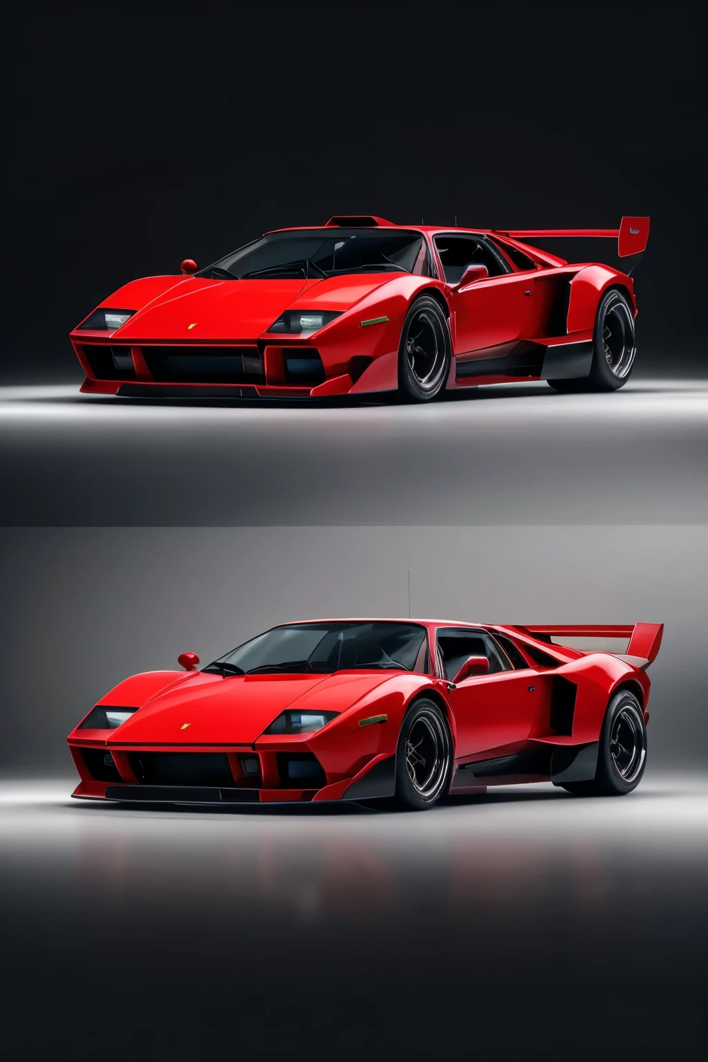 The image presents a captivating spectacle of a car design that masterfully blends the iconic aesthetics of both the Ferrari F-40 and the Lamborghini Countach LP500s. The front view reveals a sharply sculpted bumper inspired by the F-40, with its distinctive central air intake, flanked by sleek LED headlights borrowed from the Countach. The side profile showcases sharp, angular lines, evoking the Countach's timeless silhouette, while the rear section boasts the rear spoiler and squared-off tail lights reminiscent of the F-40.
The car is rendered in high quality, with a