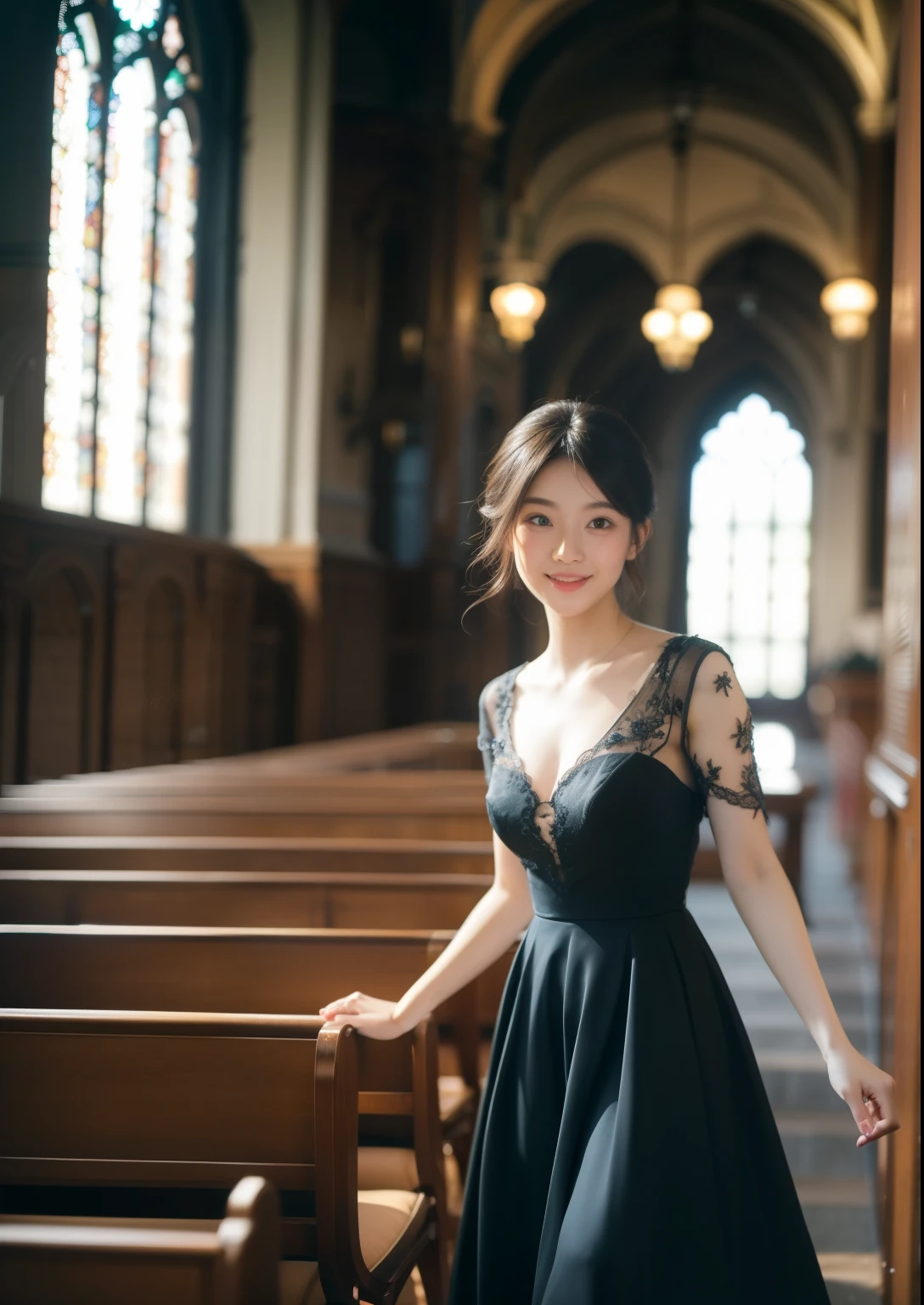 Beautiful 25 year old  skinny woman。She is wearing a summer wedding dress. She is walking and her legs crossed and one leg is visible. She is shying and smiling in the church. She is illuminated by sunset. the evening church lights is on . her black hair. High resolution、masterpiece、highest quality、頭w:1.0、((Hasselblad Photos))、fine skin、(movie lighting)、clavicle . Her full body picture.