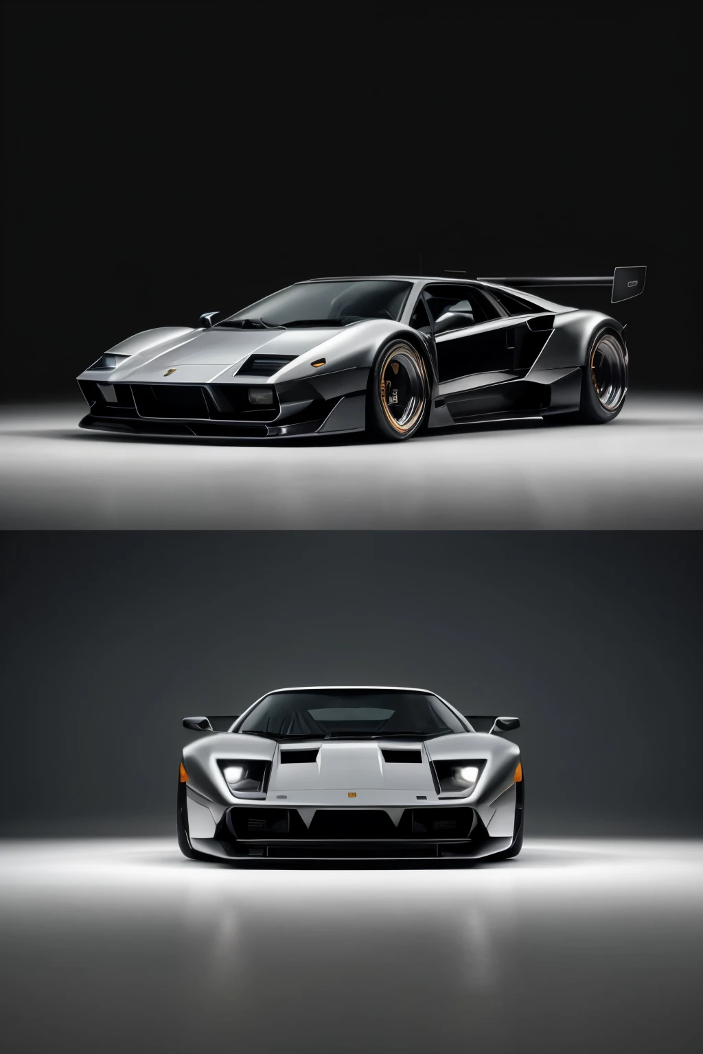 The image presents a captivating spectacle of a car design that masterfully blends the iconic aesthetics of both the Ferrari F-40 and the Lamborghini Countach LP500s. The front view reveals a sharply sculpted bumper inspired by the F-40, with its distinctive central air intake, flanked by sleek LED headlights borrowed from the Countach. The side profile showcases sharp, angular lines, evoking the Countach's timeless silhouette, while the rear section boasts the rear spoiler and squared-off tail lights reminiscent of the F-40.
The car is rendered in high quality, with a